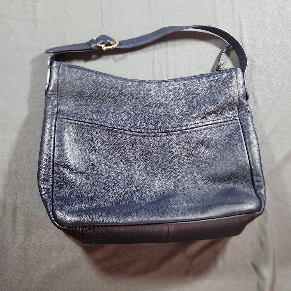 Cole Haan Navy Blue Pebbled Leather Shoulder Bag Purse with Gold-toned Hardware